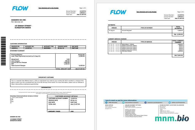 Jamaica Flow tax invoice cable and internet rachunek za usługi komunalne Word and PDF template, 2 pages